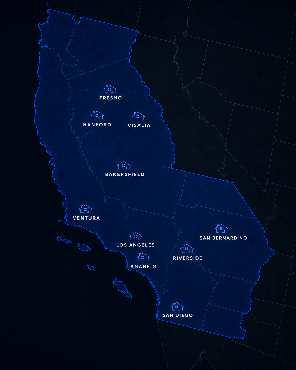 map cities Headquartered in Visalia, building across California.